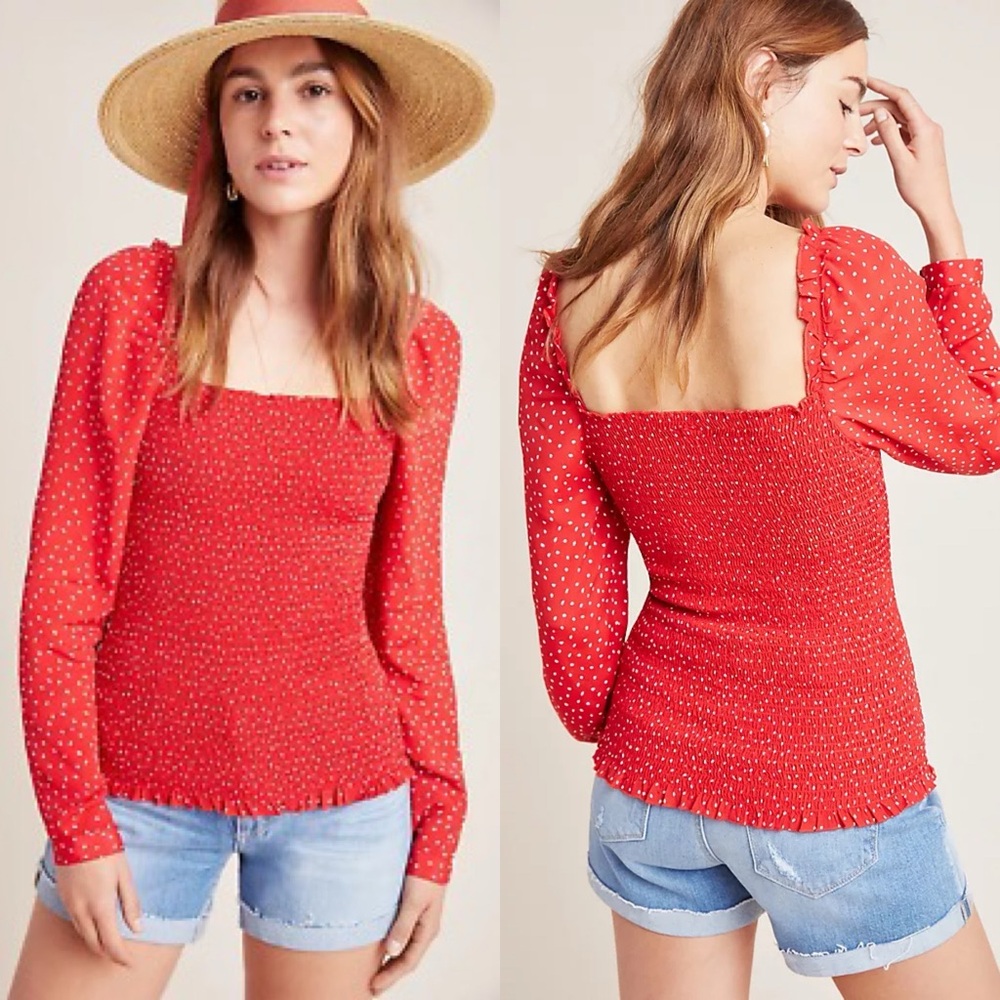 Anthropologie Seen Worn‎ Kept Smocked Polka Dot Red Top Size 12 Womens Blouse